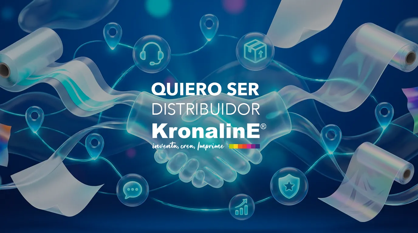 Quiero ser distribuidor Kronaline: apretón de manos rodeado de una red de puntos de venta, soporte y rollos de papel para impresión
